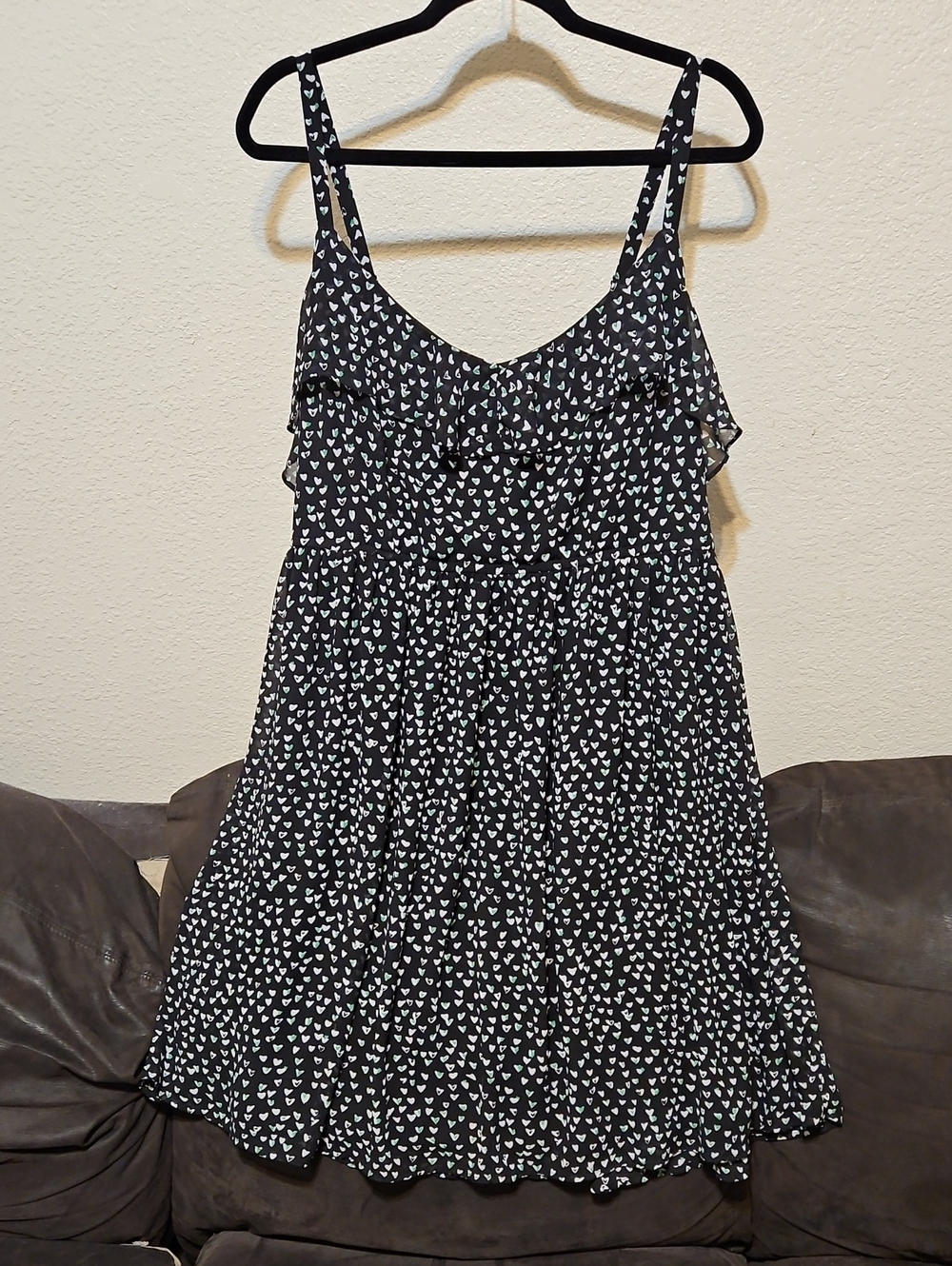 torrid Black Mini Dress with White/Green Heart Print and Ruffle